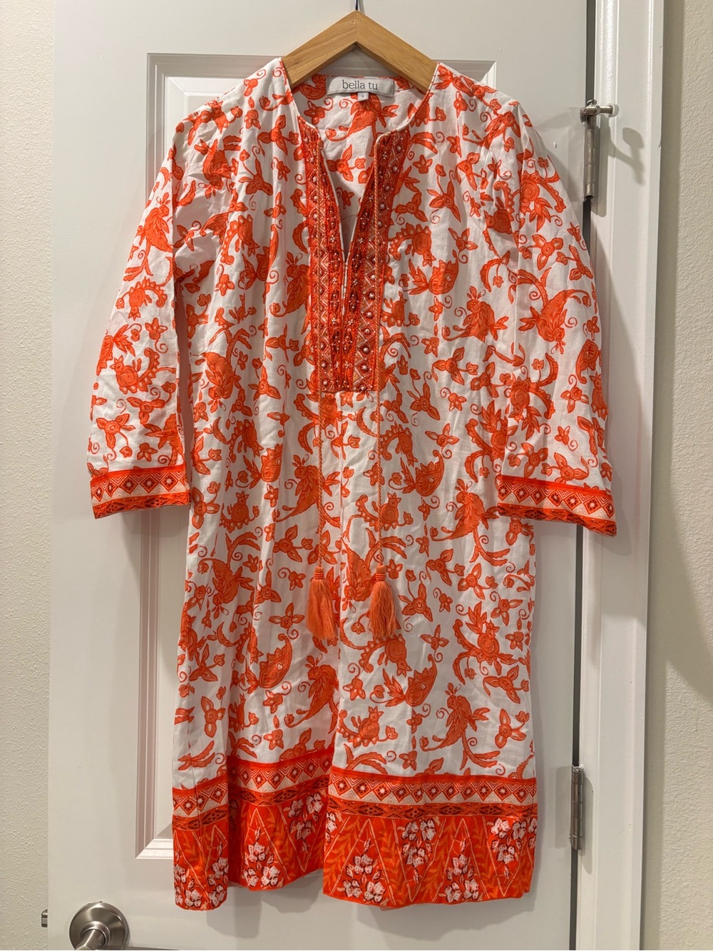 Bella Tu orange and white floral embroidered tunic dress size small